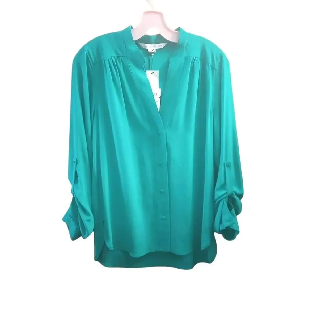 DIANE Von FURSTENBERG 100% Silk Blouse Sz 6 Harlow Zephyr Green New‎ $265